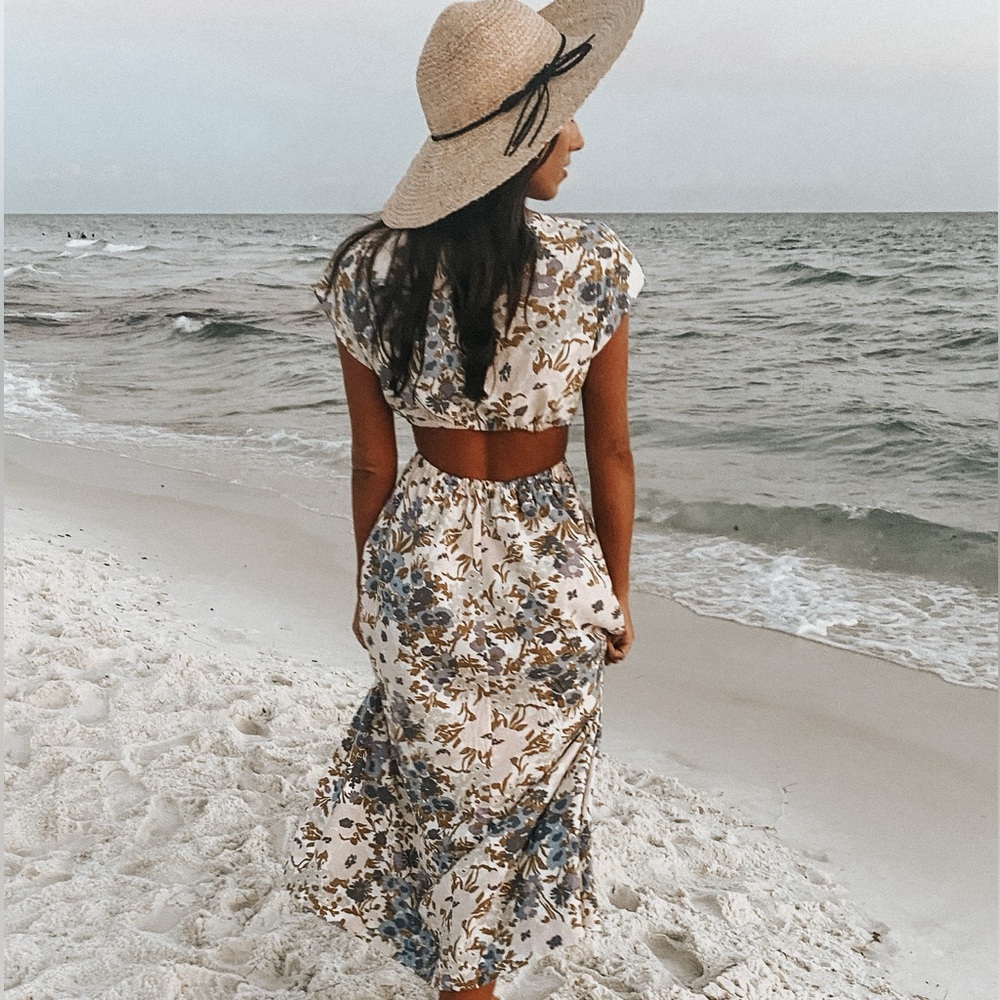 ASOS Floral Cutout Maxi Dress in Blue & Cream